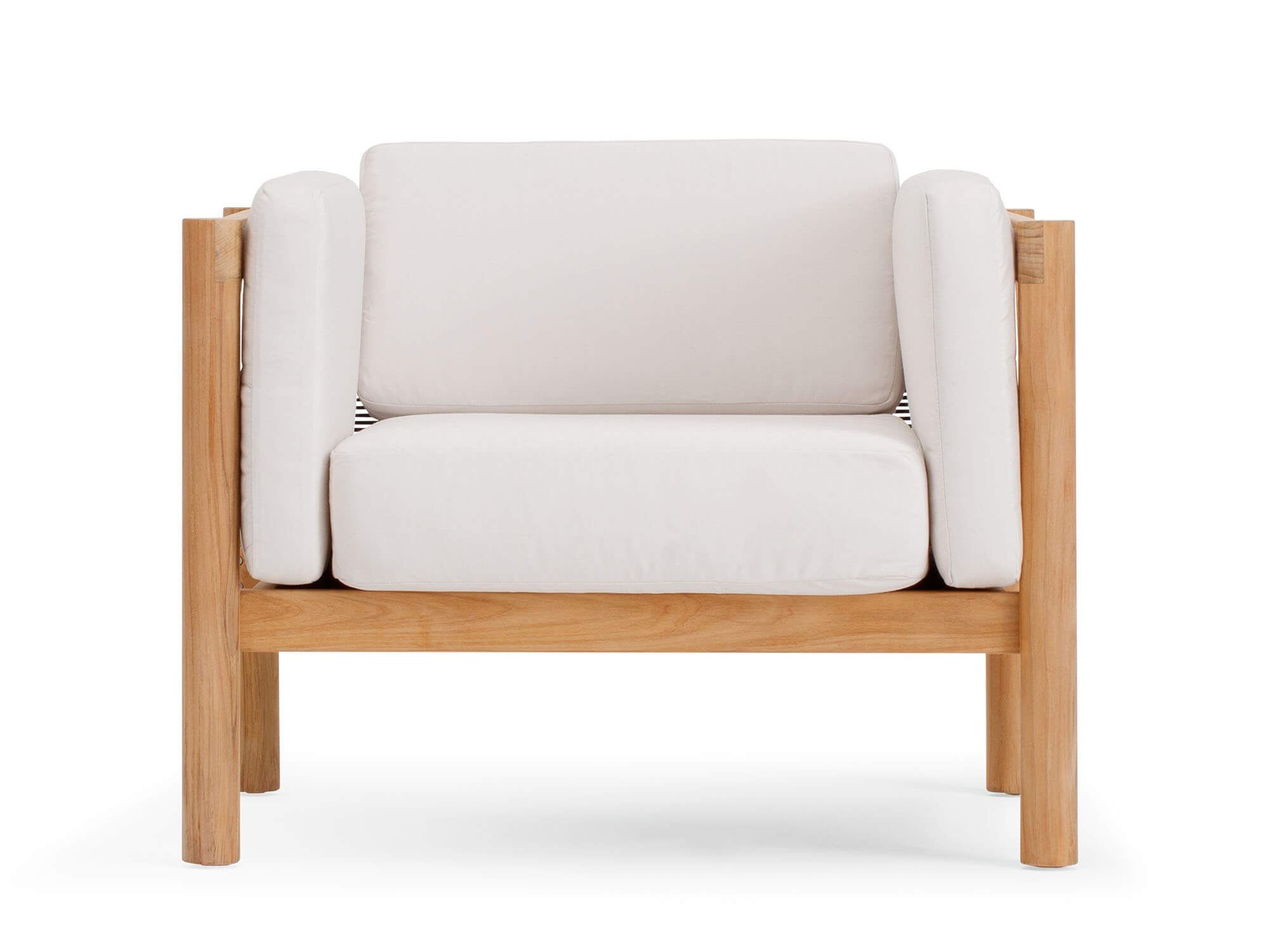 Front view of outdoor chair with white arm cushions and wood legs